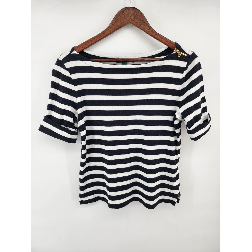 Lauren Ralph Lauren Striped Boat Neck Knit Top Medium Nautical Preppy Coastal